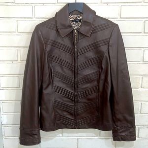 Cortina Brown Leather Zippered Jacket Animal Print Lining Chevron Design Small
